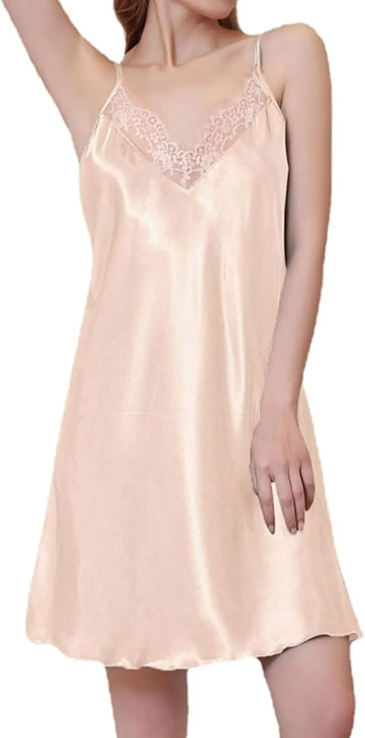 Oplxuo Women Silk Satin Nightgown Sexy Lace V-Neck Chemise Lingerie Short Sleepdress for Ladies Sleepwear Slip Negligee