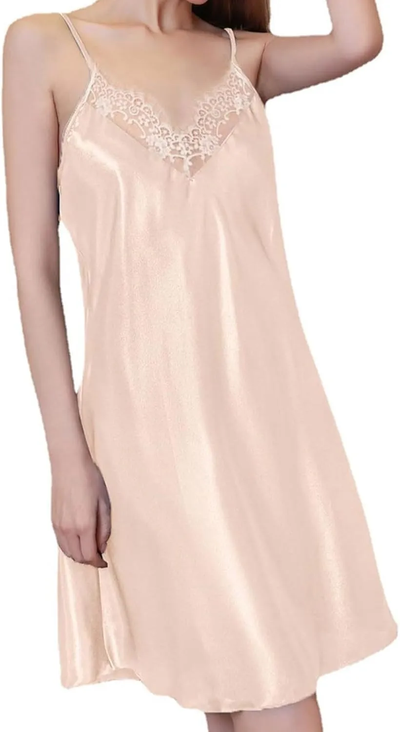 Oplxuo Women Silk Satin Nightgown Sexy Lace V-Neck Chemise Lingerie Short Sleepdress for Ladies Sleepwear Slip Negligee