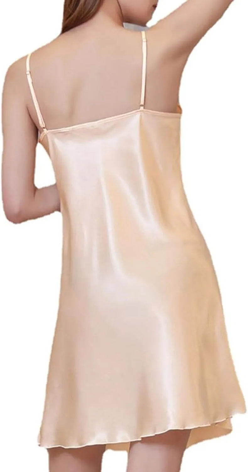 Oplxuo Women Silk Satin Nightgown Sexy Lace V-Neck Chemise Lingerie Short Sleepdress for Ladies Sleepwear Slip Negligee