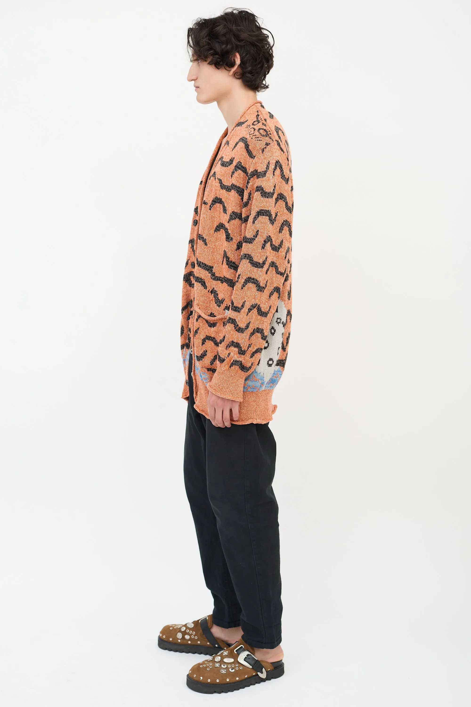 Orange & Multicolour Linen & Cotton Patterned Cardigan