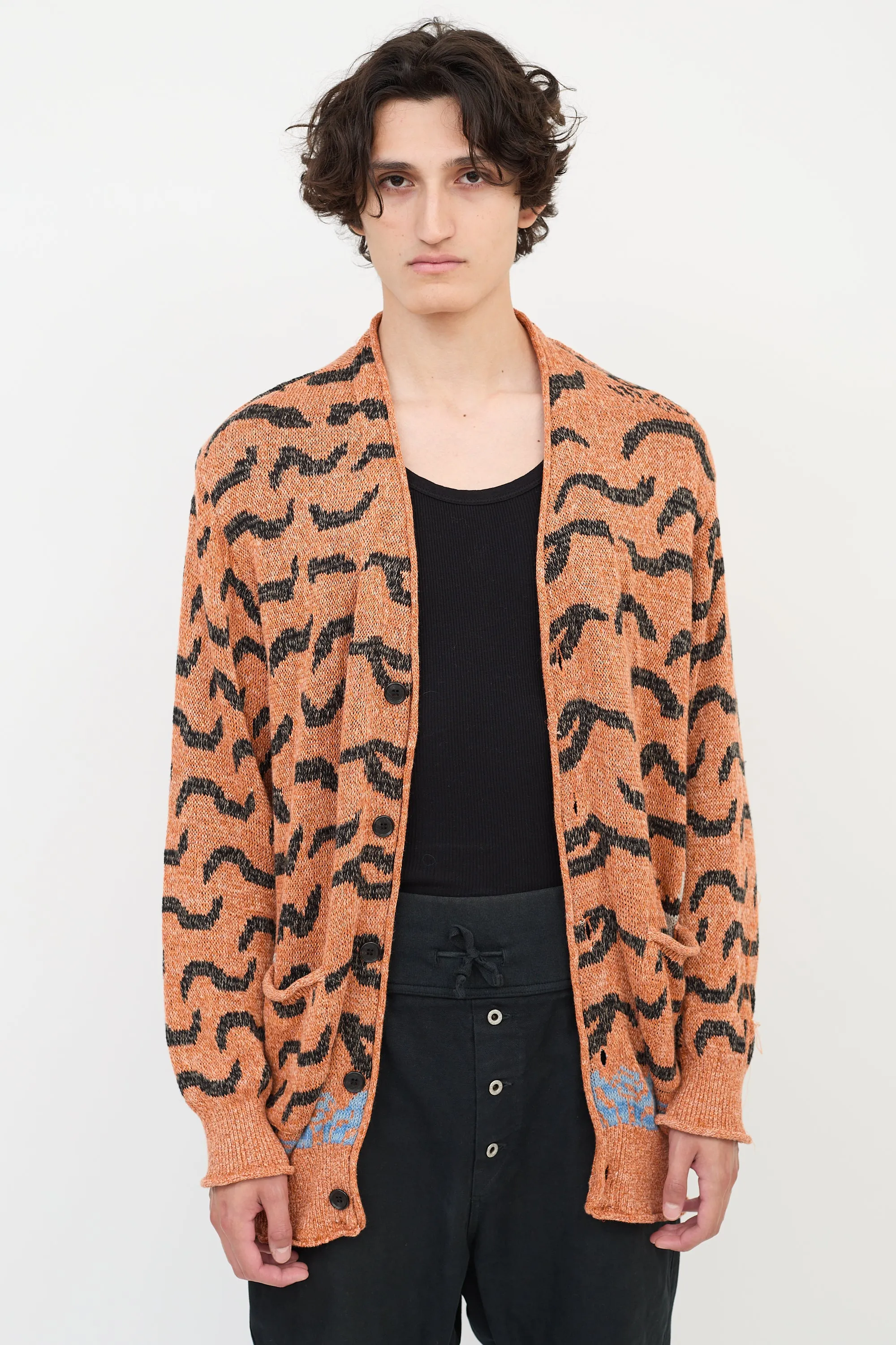 Orange & Multicolour Linen & Cotton Patterned Cardigan