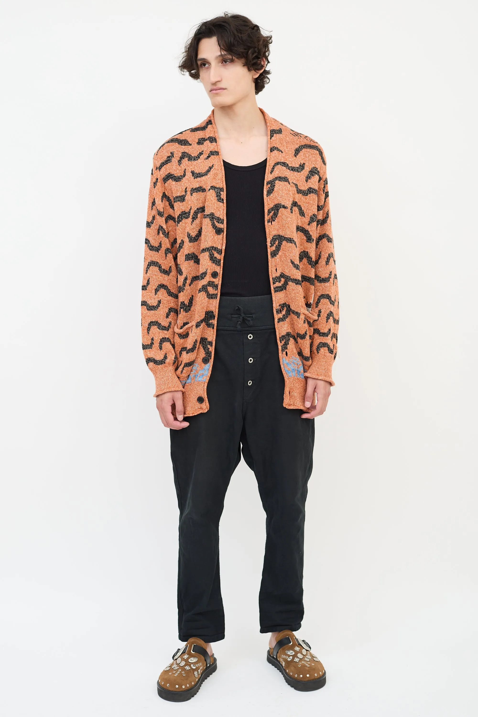 Orange & Multicolour Linen & Cotton Patterned Cardigan