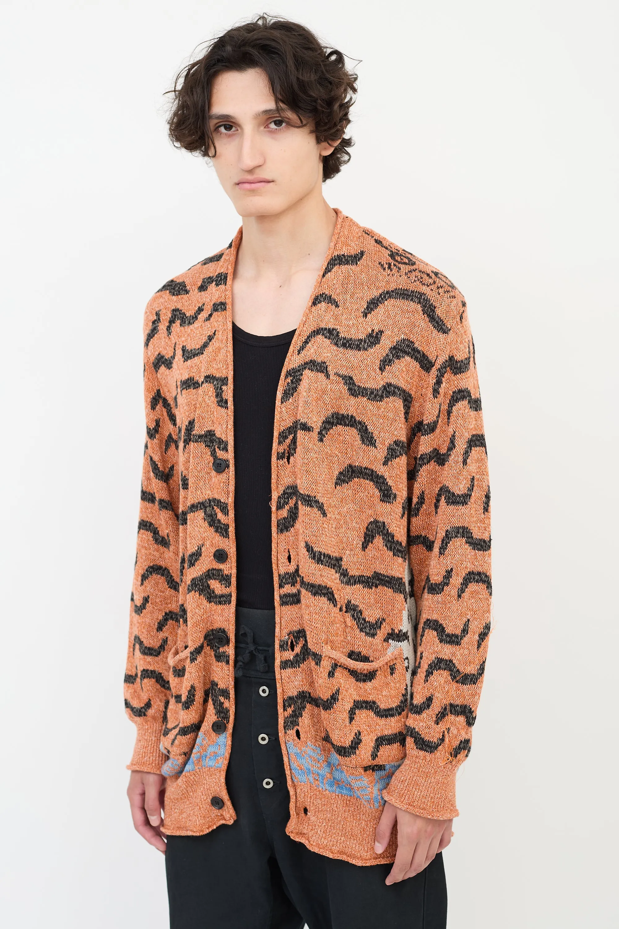 Orange & Multicolour Linen & Cotton Patterned Cardigan