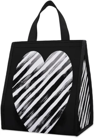 Outdoor Cooler Bags, Black And White Striped Heart Printed Cooler Bag, Insulated Tote Bag, Grocery Tote Bag
