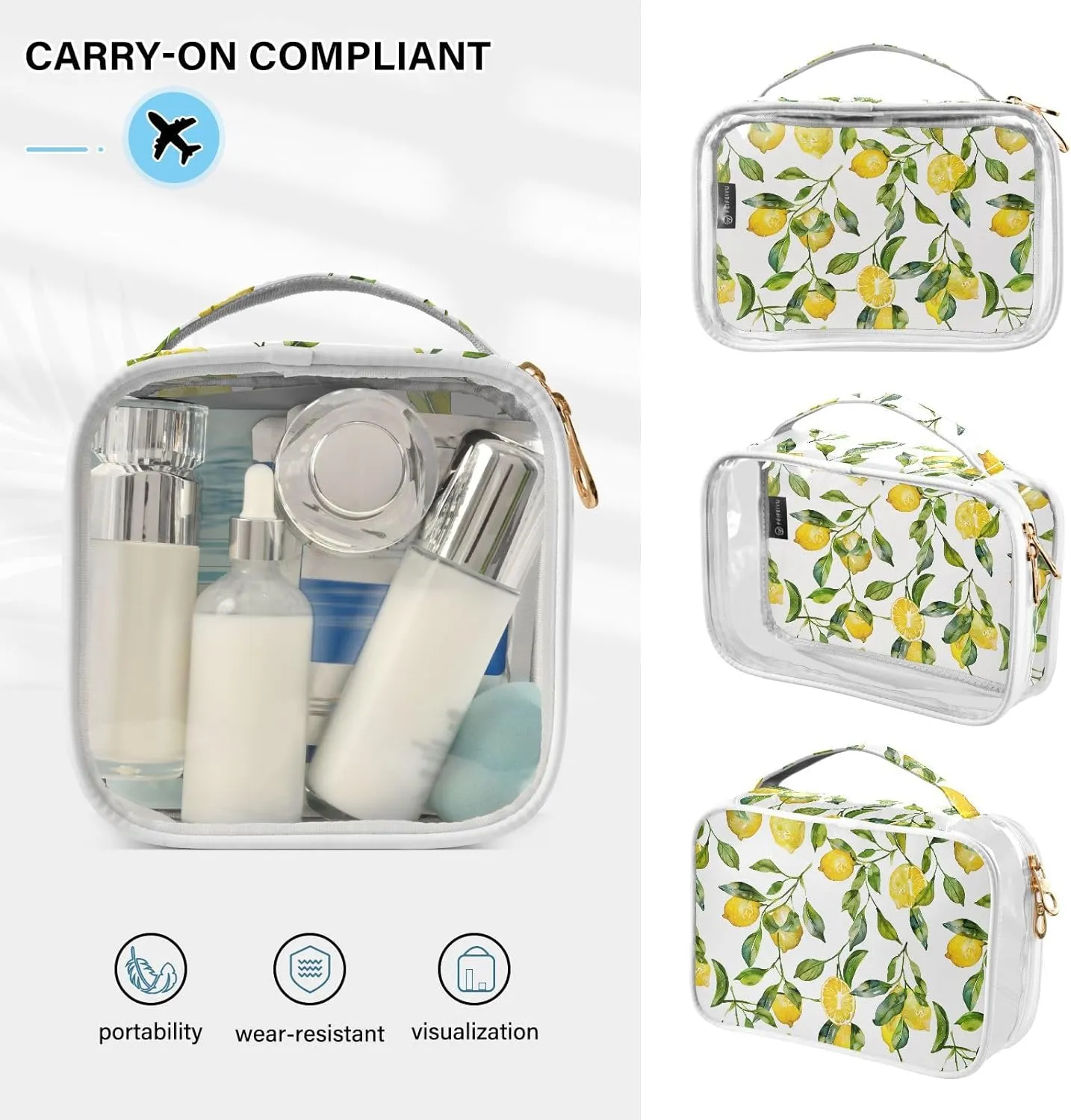 panksolu Clear Toiletry Bag with Handle Watercolor Lemons Fruits PVC Waterproof Makeup Bags for Women Men Traveling Clear Travel Pouch Cosmetic Bags,2 Pack