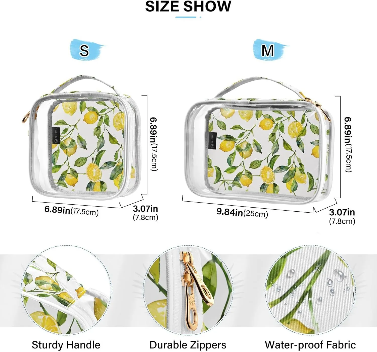 panksolu Clear Toiletry Bag with Handle Watercolor Lemons Fruits PVC Waterproof Makeup Bags for Women Men Traveling Clear Travel Pouch Cosmetic Bags,2 Pack
