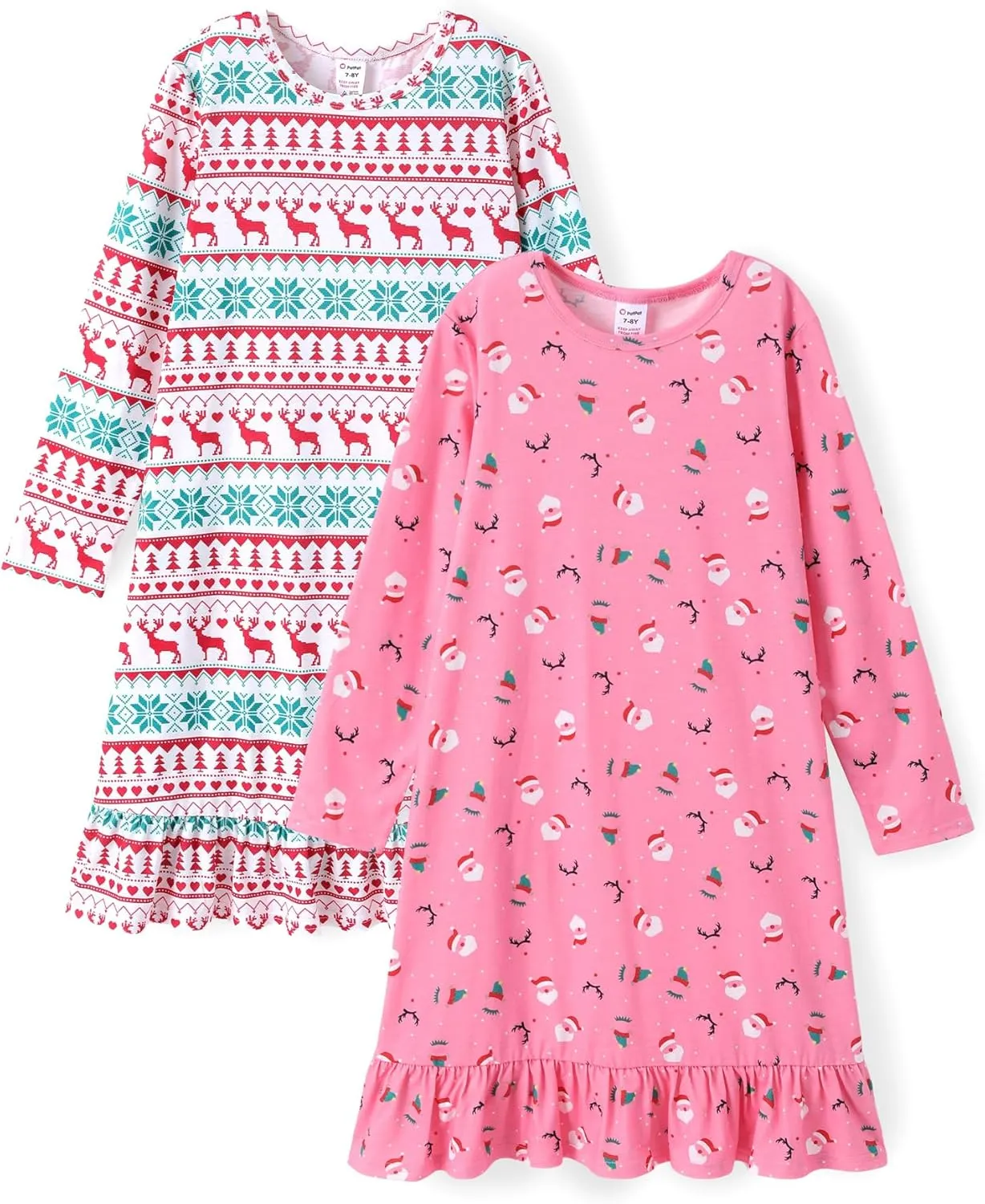 PATPAT 2Pcs Girls Nightgowns Long Sleeve Pajamas Cute Nightdress Sleepwear Pajamas