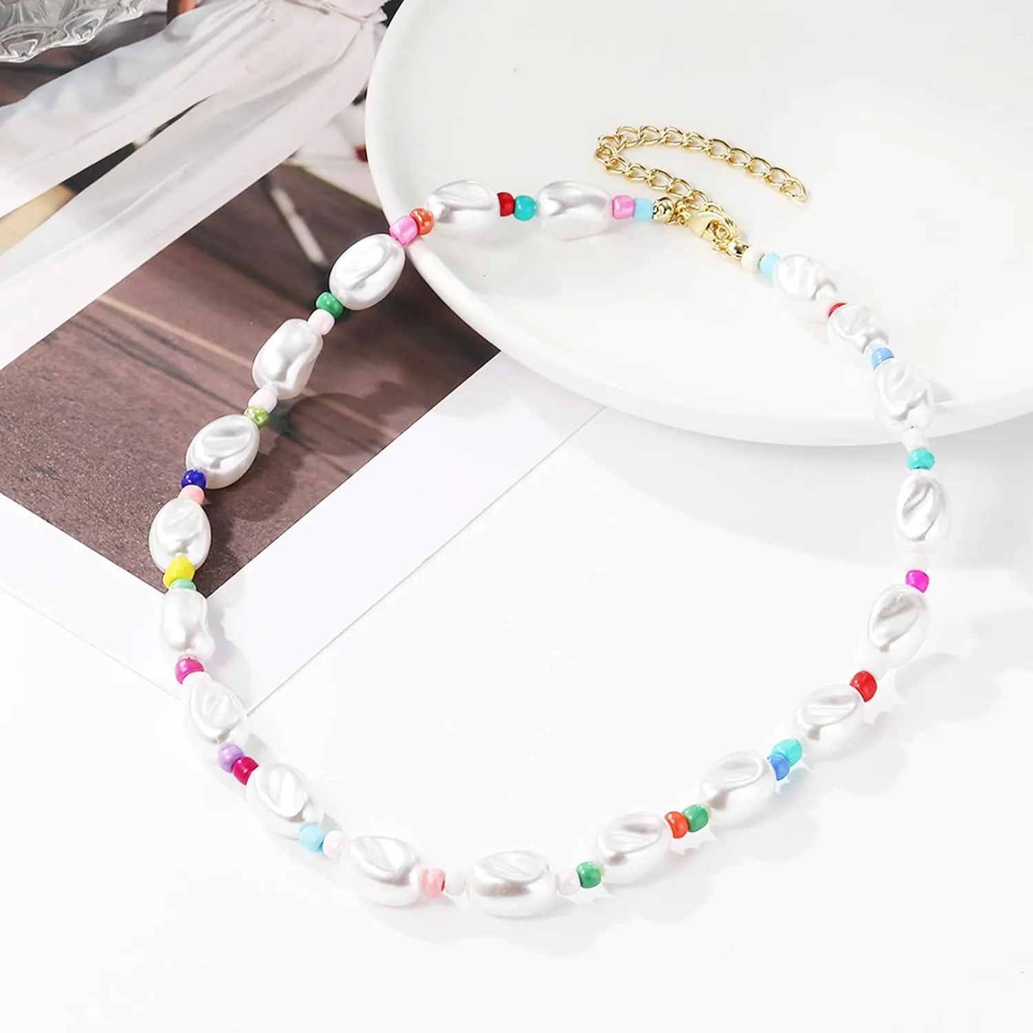 Pearl Choker Necklaces for Women Colorful Beaded Necklace Trendy Pearl Choker Necklace Boho Summer Necklaces Beach Jewelry
