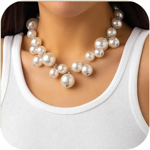 Pearl Necklaces for Women Big Faux Pearl Choker Necklaces White Pearl Necklace Adjustable Prom Party Bar Jewelry