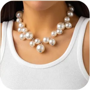 Pearl Necklaces for Women Big Faux Pearl Choker Necklaces White Pearl Necklace Adjustable Prom Party Bar Jewelry
