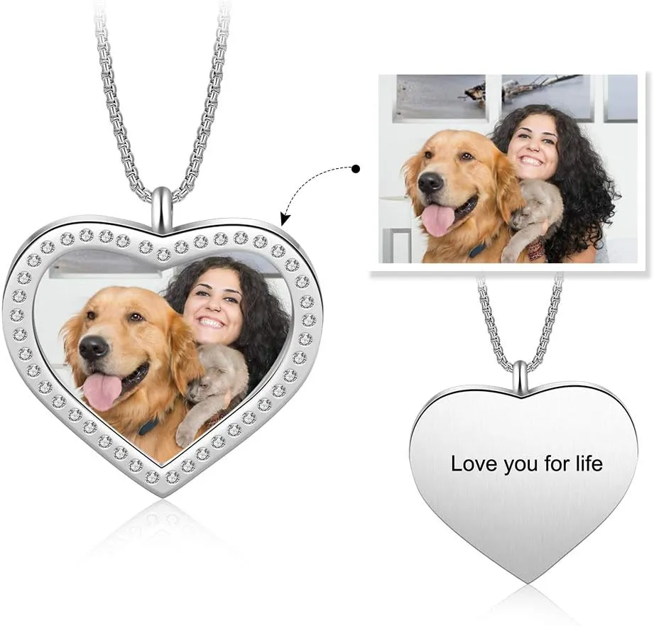 Personalized Photo Necklace Custom Picture Photo Hearts Name Engraved Pendants Memorial Pendant for Women Girlfriend