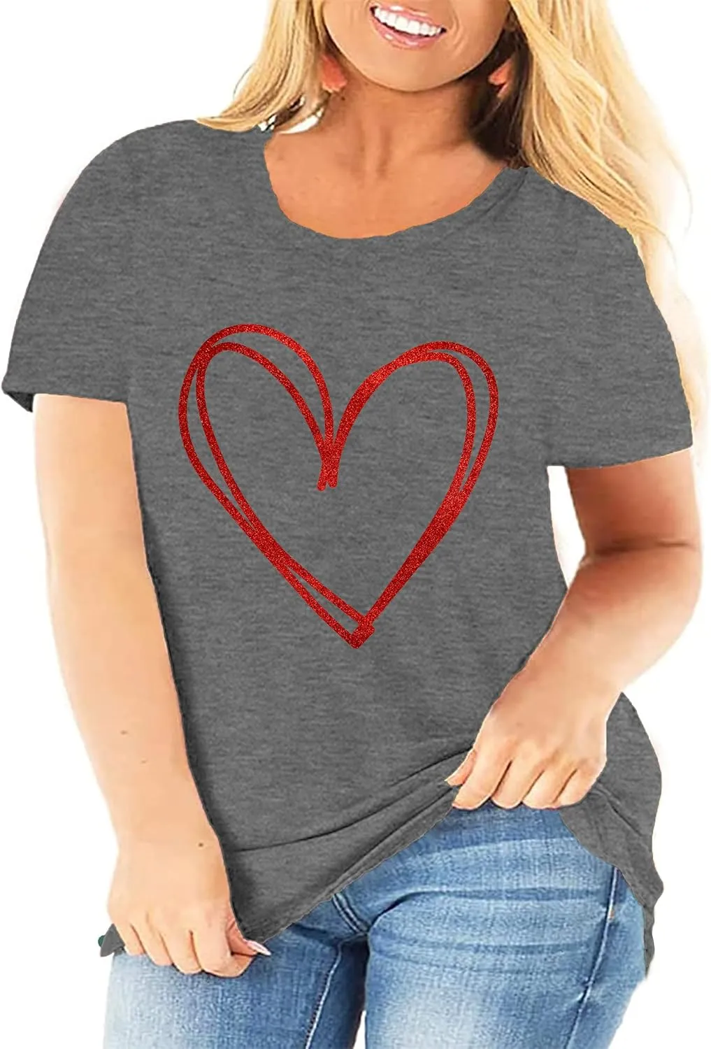 Plus Size Valentines Shirts for Women Heart Print Graphic Tees Teacher Valentine Shirt Casual Tops