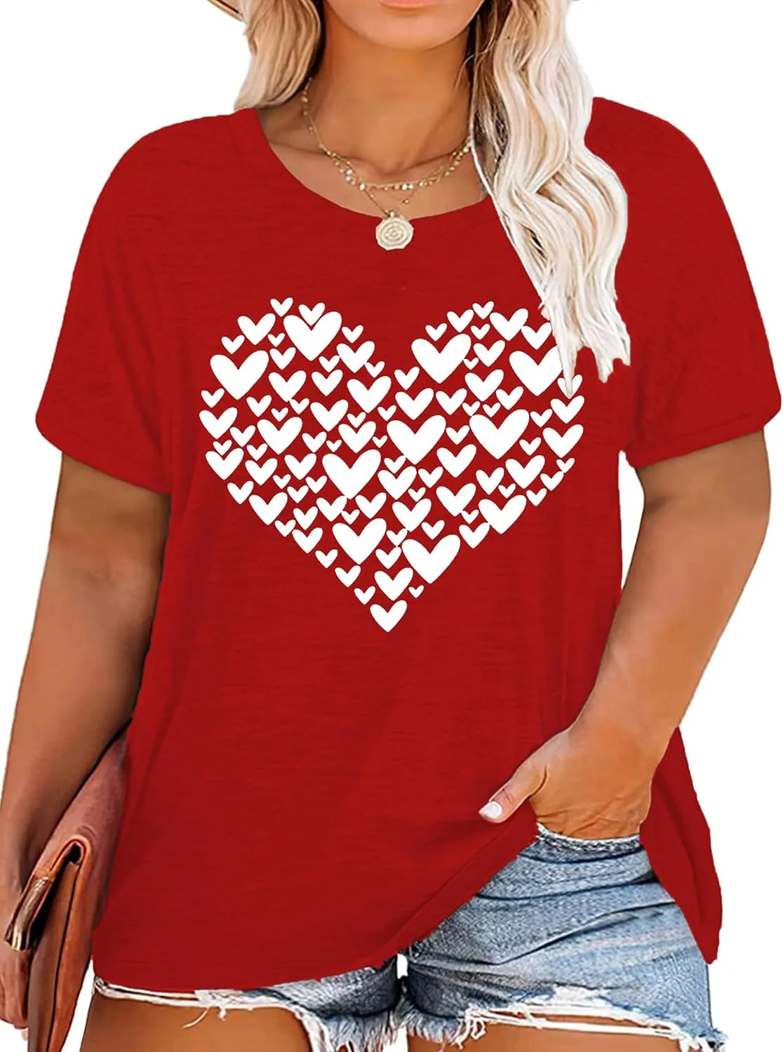 Plus Size Valentines Shirts for Women Heart Print Graphic Tees Teacher Valentine Shirt Casual Tops