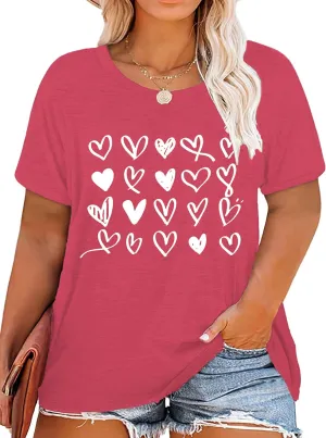 Plus Size Valentines Shirts for Women Heart Print Graphic Tees Teacher Valentine Shirt Casual Tops