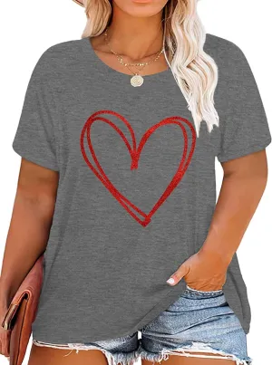 Plus Size Valentines Shirts for Women Heart Print Graphic Tees Teacher Valentine Shirt Casual Tops