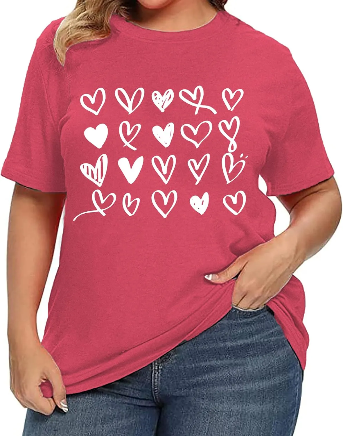 Plus Size Valentines Shirts for Women Heart Print Graphic Tees Teacher Valentine Shirt Casual Tops