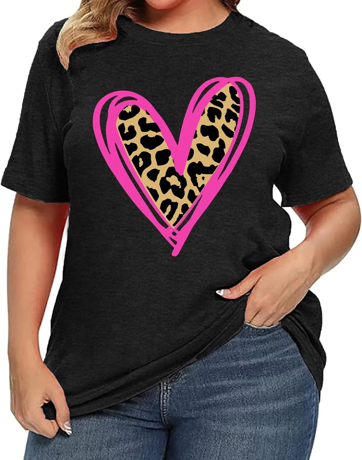Plus Size Valentines Shirts for Women Heart Print Graphic Tees Teacher Valentine Shirt Casual Tops