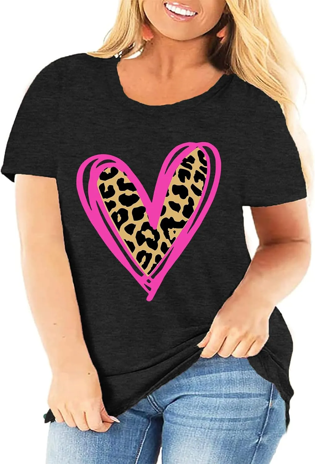 Plus Size Valentines Shirts for Women Heart Print Graphic Tees Teacher Valentine Shirt Casual Tops