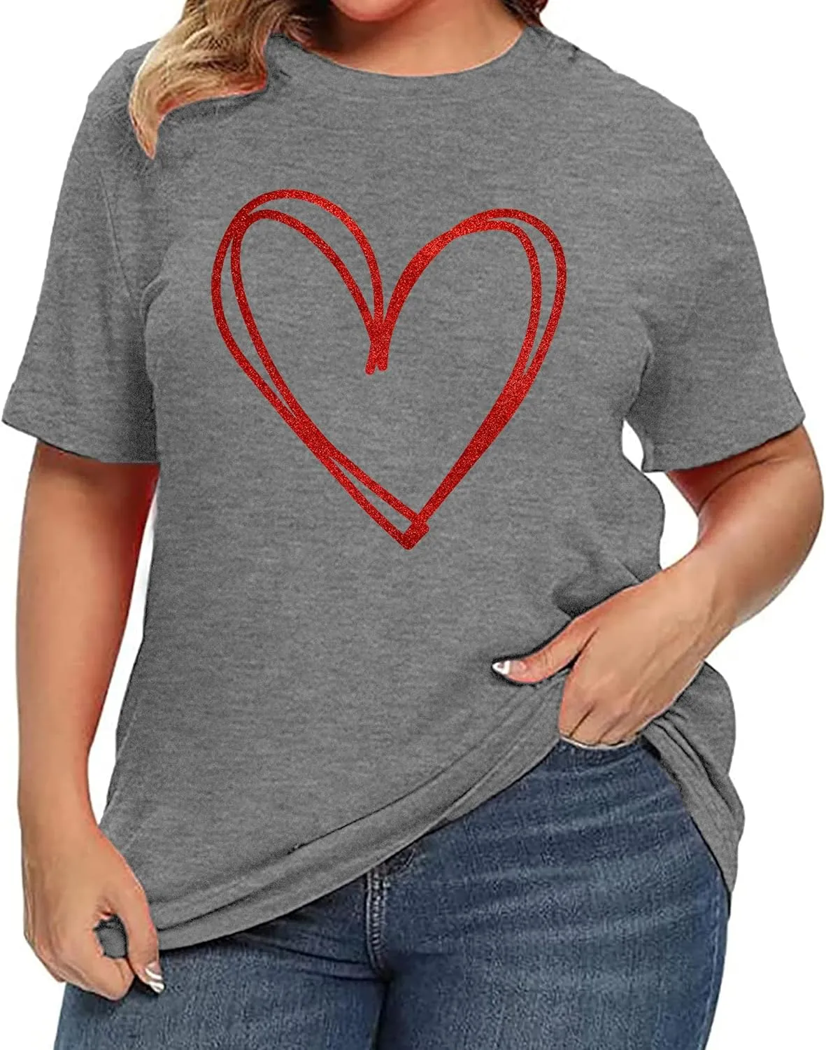 Plus Size Valentines Shirts for Women Heart Print Graphic Tees Teacher Valentine Shirt Casual Tops