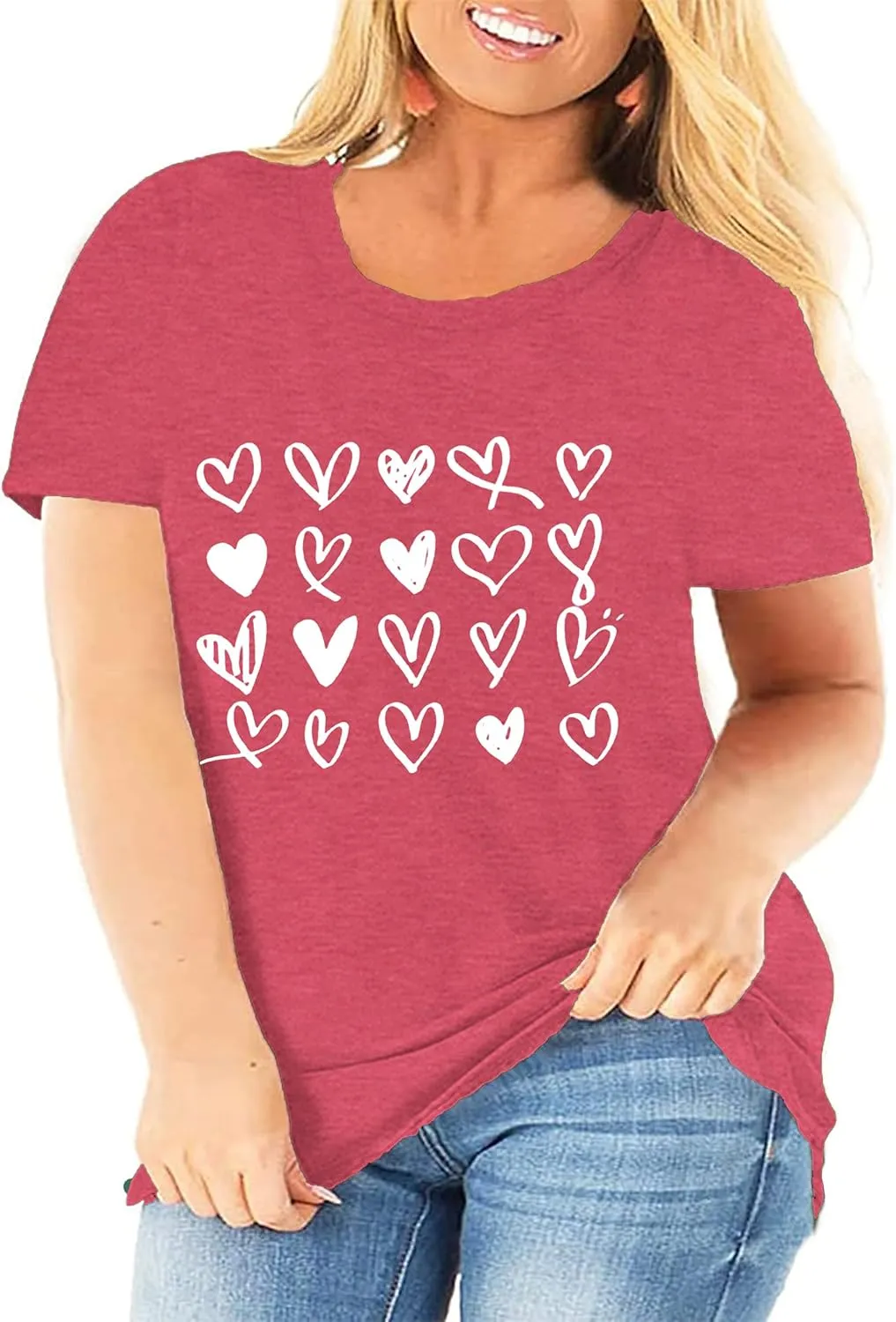 Plus Size Valentines Shirts for Women Heart Print Graphic Tees Teacher Valentine Shirt Casual Tops