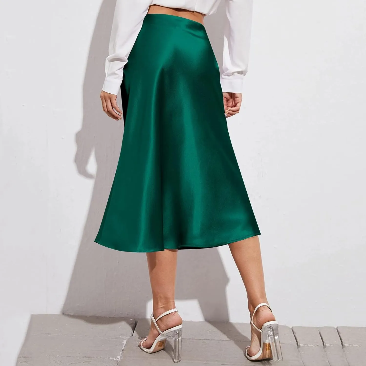 Preppy Skirts Womens High Waist Midi Skirt Solid Satin Dress Zipper Elegant Summer Skirts Cage Skirt Belt