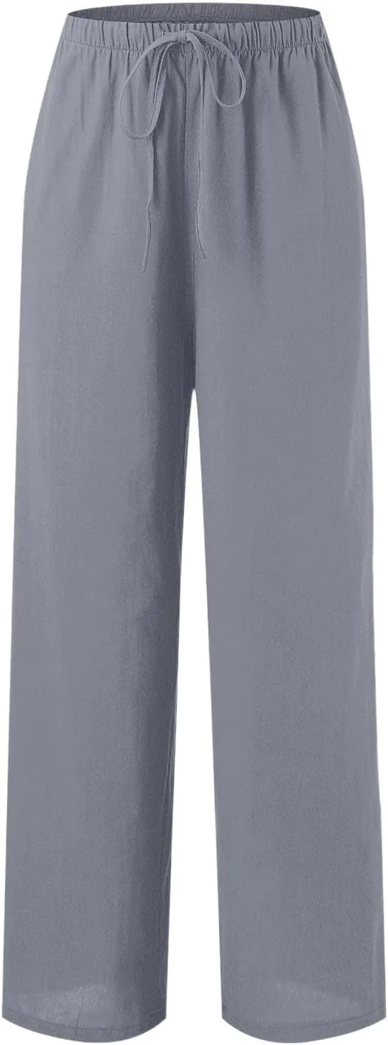 PTOLOCIF Linen Pants Women Summer,Wide Leg Capri Palazzo Pants Cotton Linen Pants Elastic Waist Casual Comfy Lounge Pants