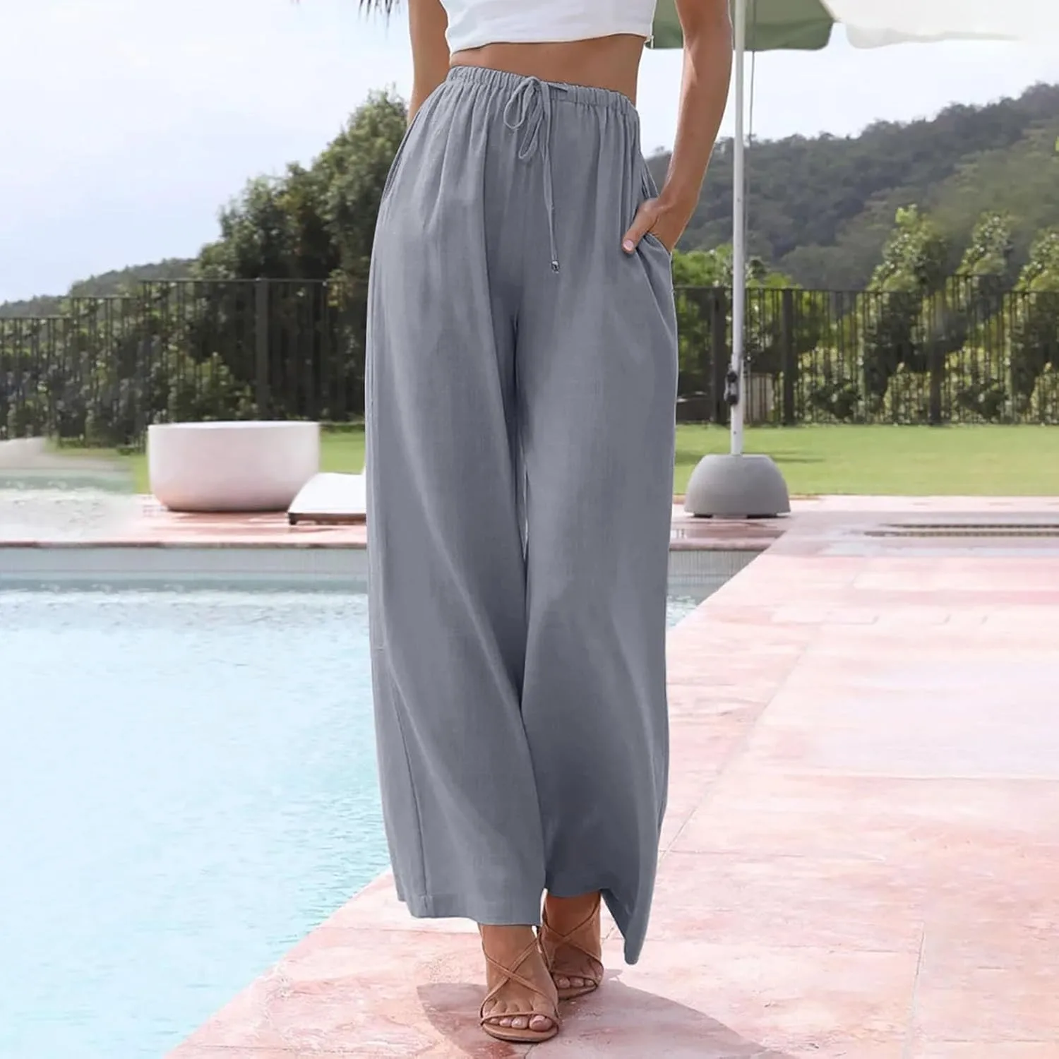 PTOLOCIF Linen Pants Women Summer,Wide Leg Capri Palazzo Pants Cotton Linen Pants Elastic Waist Casual Comfy Lounge Pants