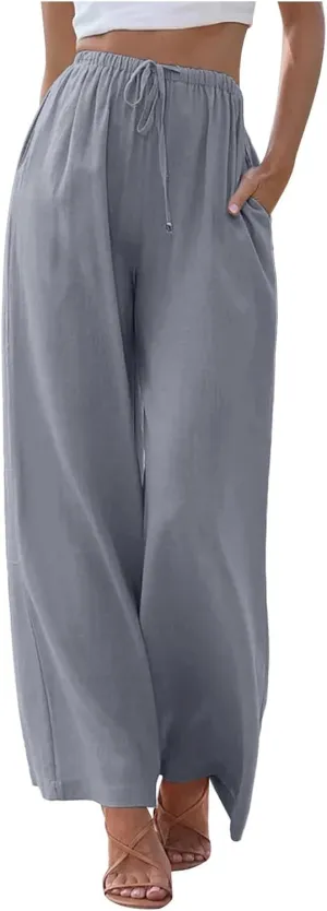PTOLOCIF Linen Pants Women Summer,Wide Leg Capri Palazzo Pants Cotton Linen Pants Elastic Waist Casual Comfy Lounge Pants