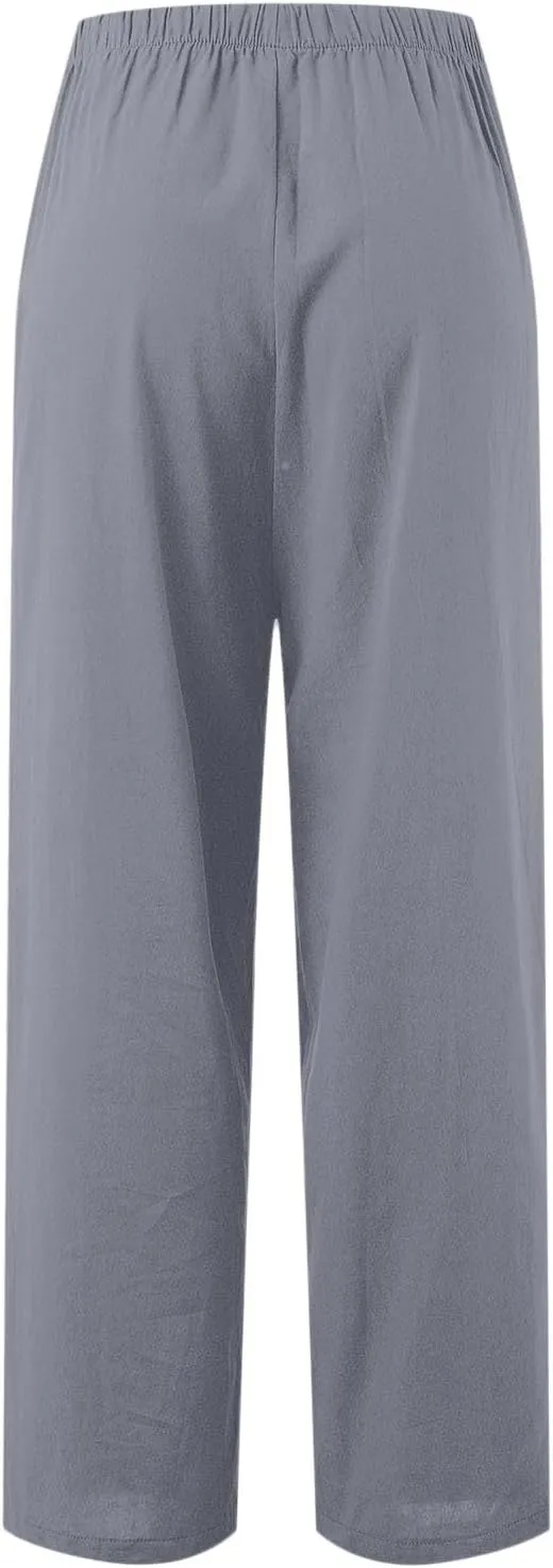 PTOLOCIF Linen Pants Women Summer,Wide Leg Capri Palazzo Pants Cotton Linen Pants Elastic Waist Casual Comfy Lounge Pants