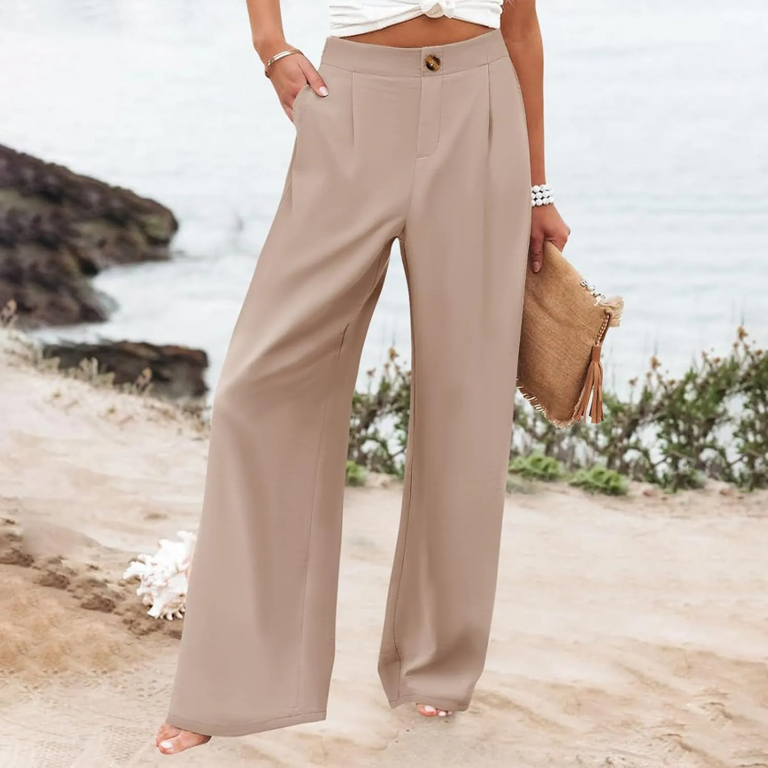 PTOLOCIF Palazzo Pants for Women,Baggy Linen Pants Summer Lightweight High Waist Palazzo Pants Loose Straight Leg Pants