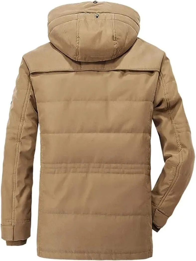 Pulcykp Mens Fleece Detachable Hat Jacket Parkas Casual Cotton Outdoor Padded Coats Winter Warm Parkas