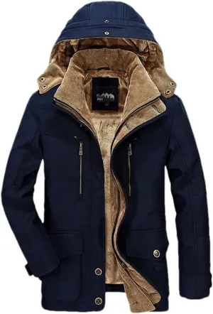Pulcykp Mens Fleece Detachable Hat Jacket Parkas Casual Cotton Outdoor Padded Coats Winter Warm Parkas