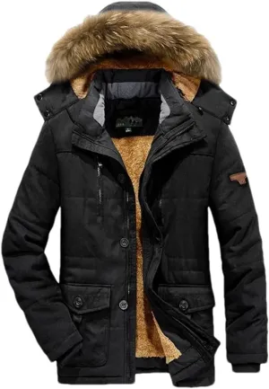 Pulcykp Mens Fleece Detachable Hat Jacket Parkas Casual Cotton Outdoor Padded Coats Winter Warm Parkas