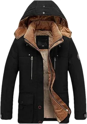 Pulcykp Mens Fleece Detachable Hat Jacket Parkas Casual Cotton Outdoor Padded Coats Winter Warm Parkas