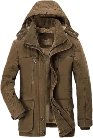 Pulcykp Mens Fleece Detachable Hat Jacket Parkas Casual Cotton Outdoor Padded Coats Winter Warm Parkas