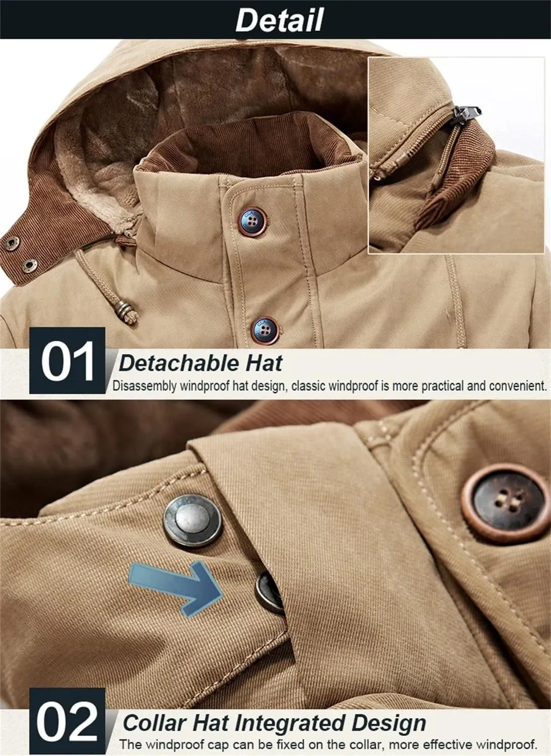 Pulcykp Mens Fleece Detachable Hat Jacket Parkas Casual Cotton Outdoor Padded Coats Winter Warm Parkas