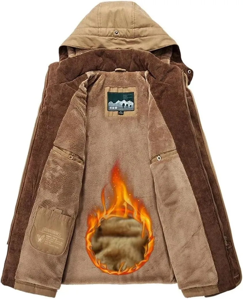 Pulcykp Mens Fleece Detachable Hat Jacket Parkas Casual Cotton Outdoor Padded Coats Winter Warm Parkas