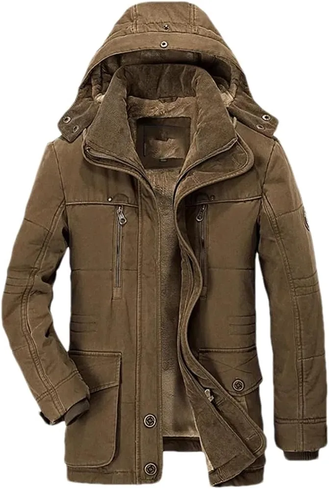 Pulcykp Mens Fleece Detachable Hat Jacket Parkas Casual Cotton Outdoor Padded Coats Winter Warm Parkas