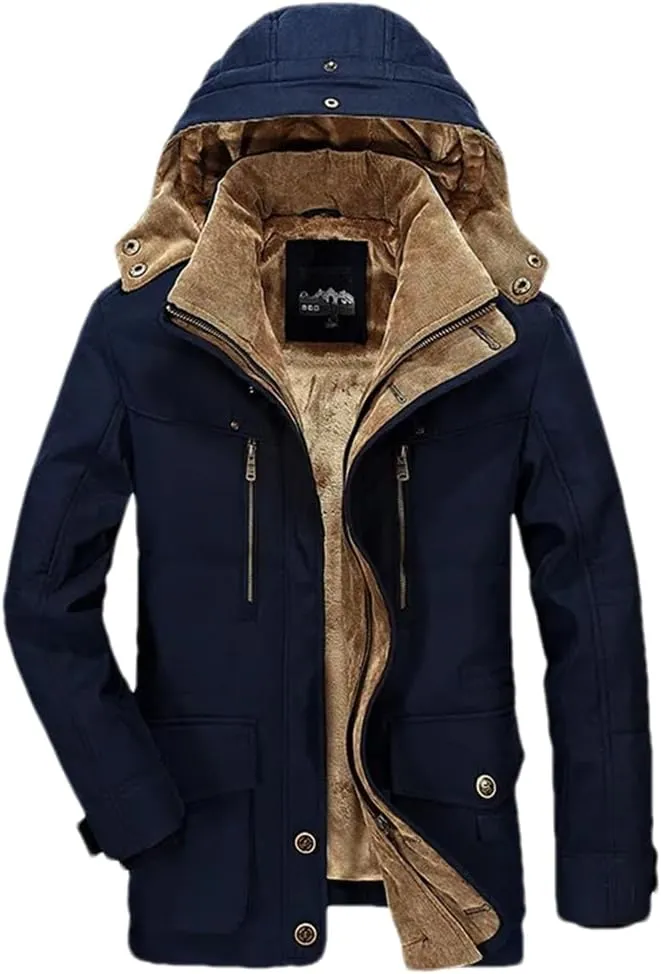Pulcykp Mens Fleece Detachable Hat Jacket Parkas Casual Cotton Outdoor Padded Coats Winter Warm Parkas