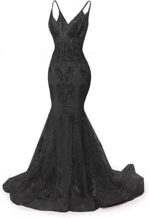 Raseal Women's Spaghetti Straps Tulle Prom Dresses Long Appliques Lace Glitter Mermaid Evening Party Dress RS082