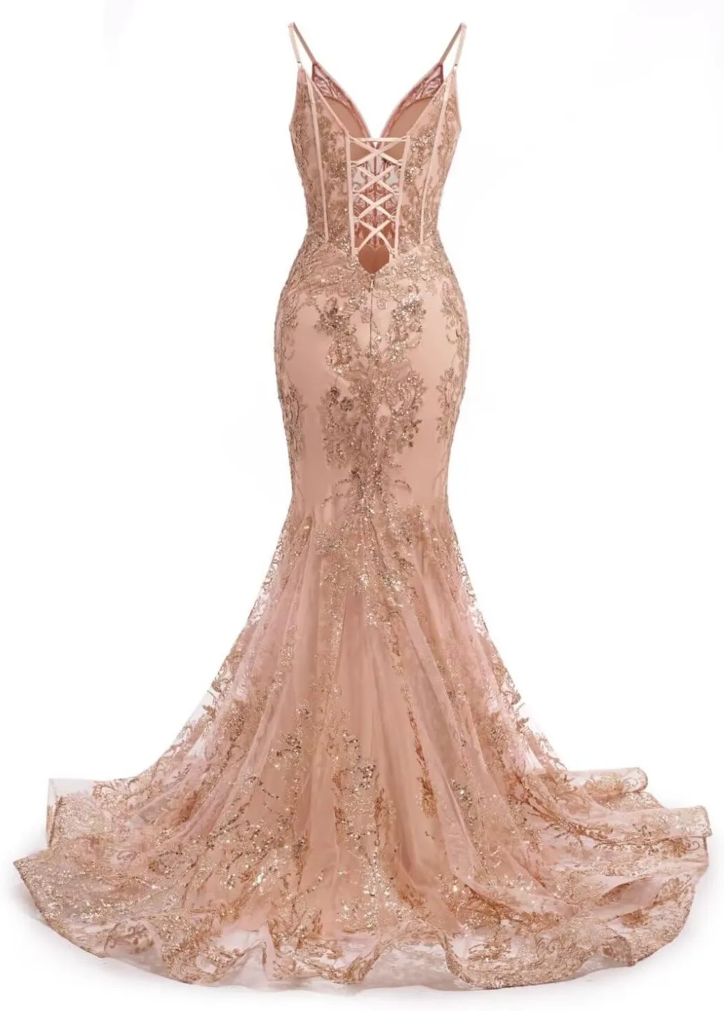 Raseal Women's Spaghetti Straps Tulle Prom Dresses Long Appliques Lace Glitter Mermaid Evening Party Dress RS082