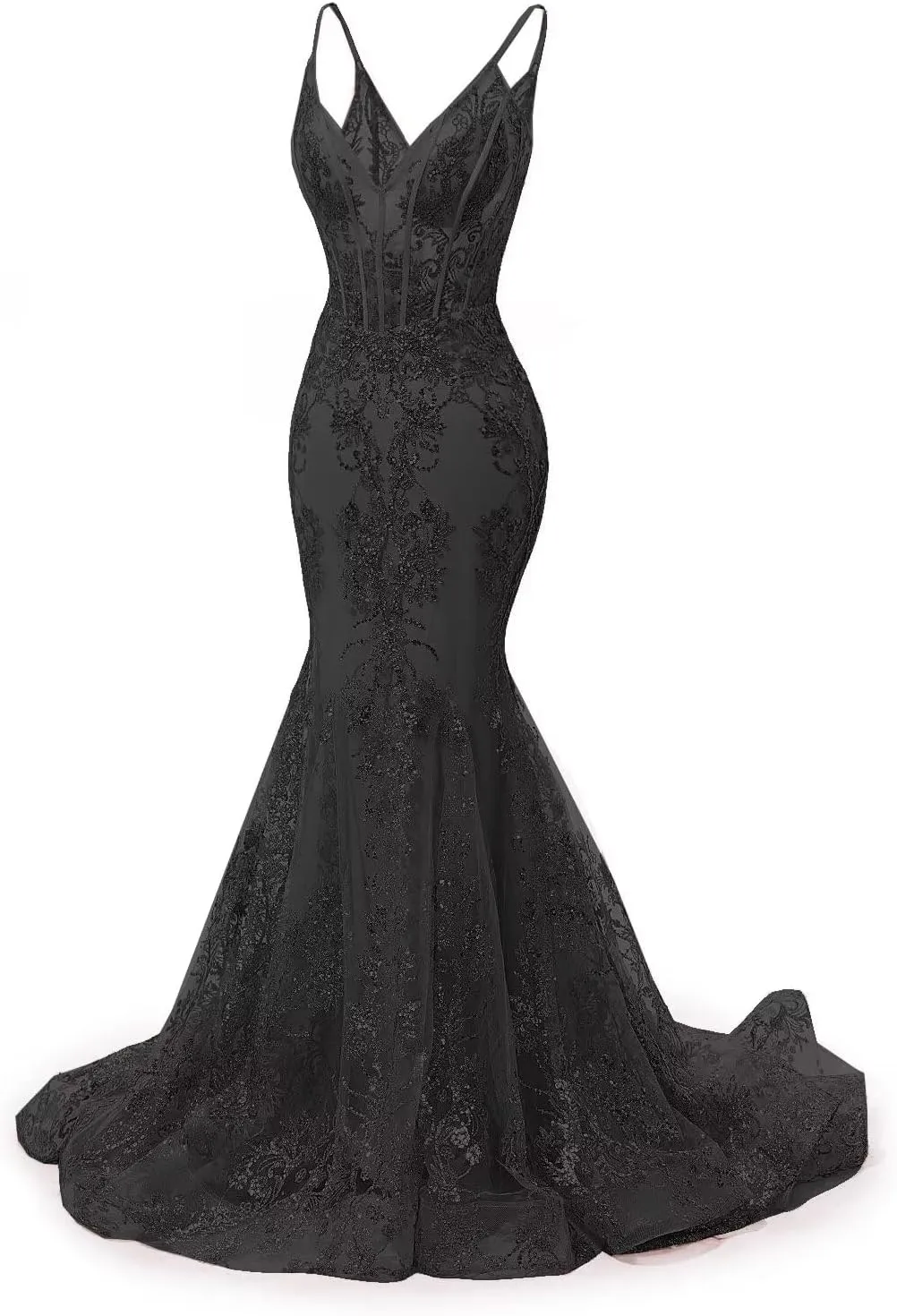 Raseal Women's Spaghetti Straps Tulle Prom Dresses Long Appliques Lace Glitter Mermaid Evening Party Dress RS082