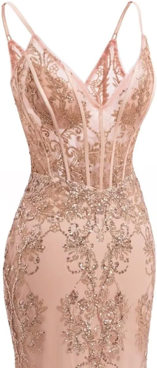 Raseal Women's Spaghetti Straps Tulle Prom Dresses Long Appliques Lace Glitter Mermaid Evening Party Dress RS082