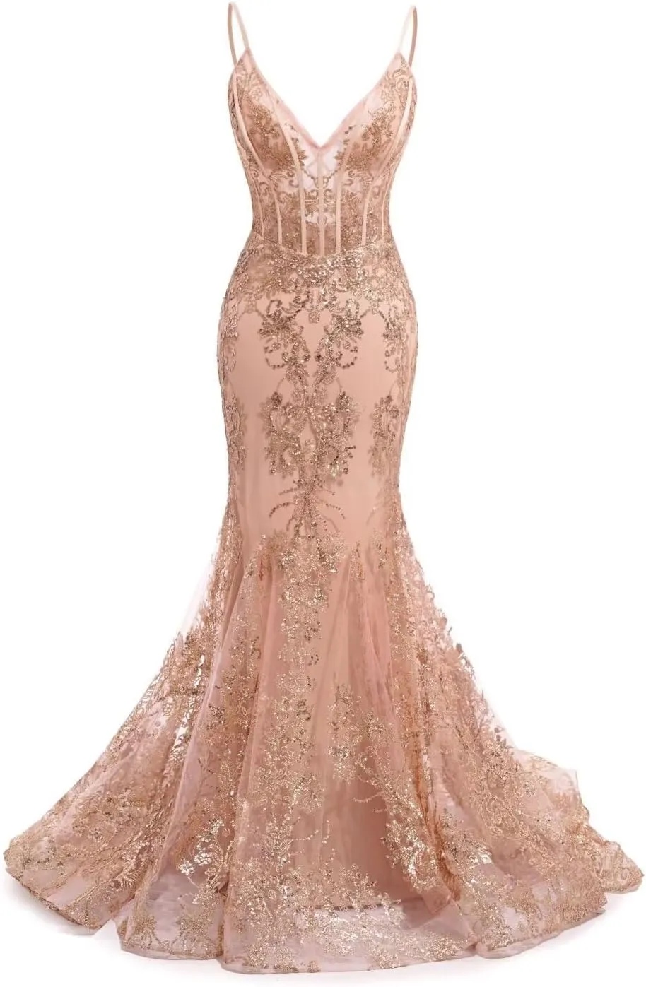 Raseal Women's Spaghetti Straps Tulle Prom Dresses Long Appliques Lace Glitter Mermaid Evening Party Dress RS082