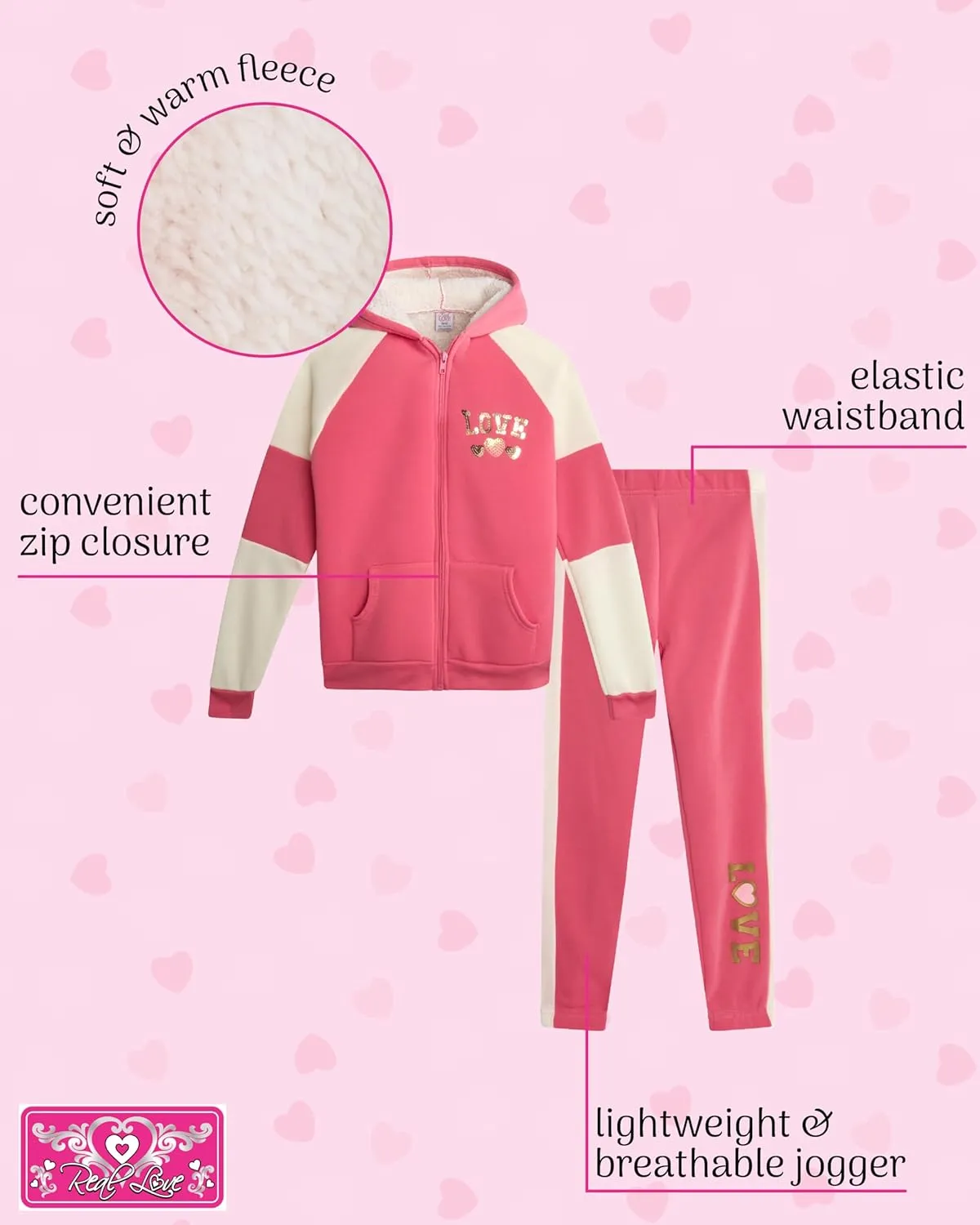 Real Love Girls' Sweatsuit Set - 2 Piece Sweatshirt with Sherpa Fleece Lined Hood and Jogger Sweatpants (7-16)