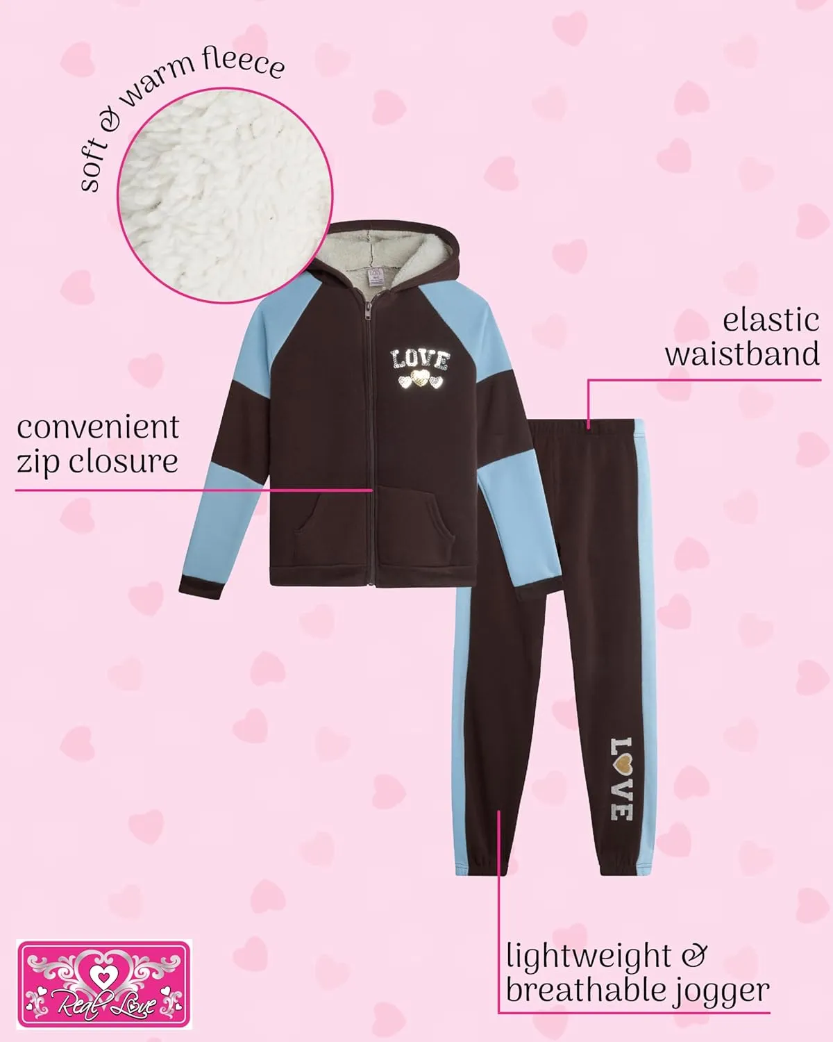Real Love Girls' Sweatsuit Set - 2 Piece Sweatshirt with Sherpa Fleece Lined Hood and Jogger Sweatpants (7-16)
