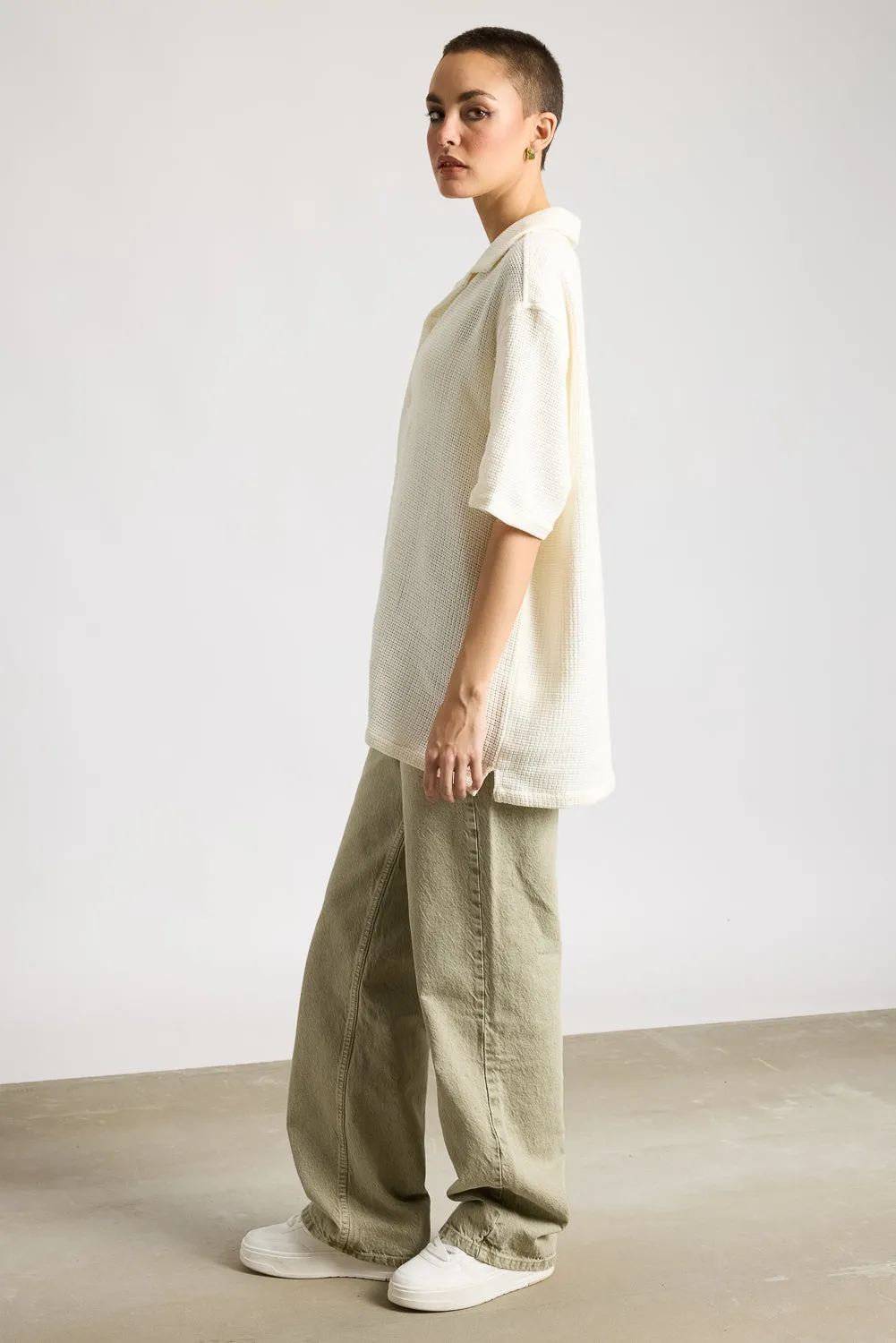 Relaxed Fit Crochet Women's Shirt - Ecru