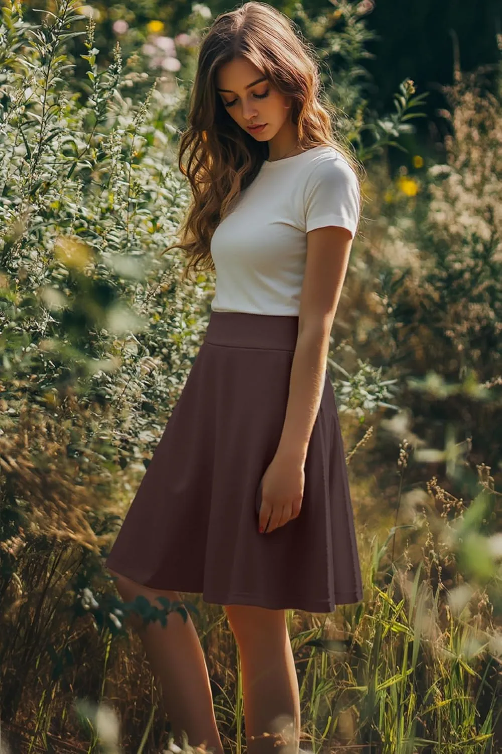 Riyiper 3 Pack Women's Knee Length Skirts, Casual High Waisted Flared Midi A Line Summer Basic Pull-on Skirts with Pockets