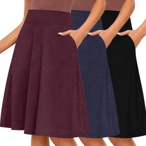 Riyiper 3 Pack Women's Knee Length Skirts, Casual High Waisted Flared Midi A Line Summer Basic Pull-on Skirts with Pockets