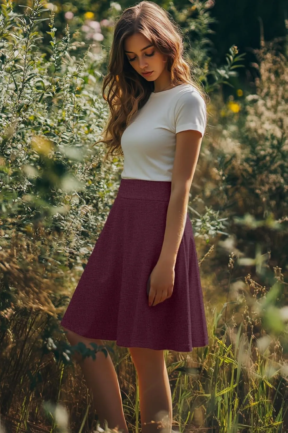 Riyiper 3 Pack Women's Knee Length Skirts, Casual High Waisted Flared Midi A Line Summer Basic Pull-on Skirts with Pockets